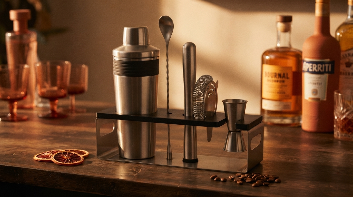 Editorial illustration for Four Tools, One Home Bar: The Essential Starter Kit for Classic Cocktails