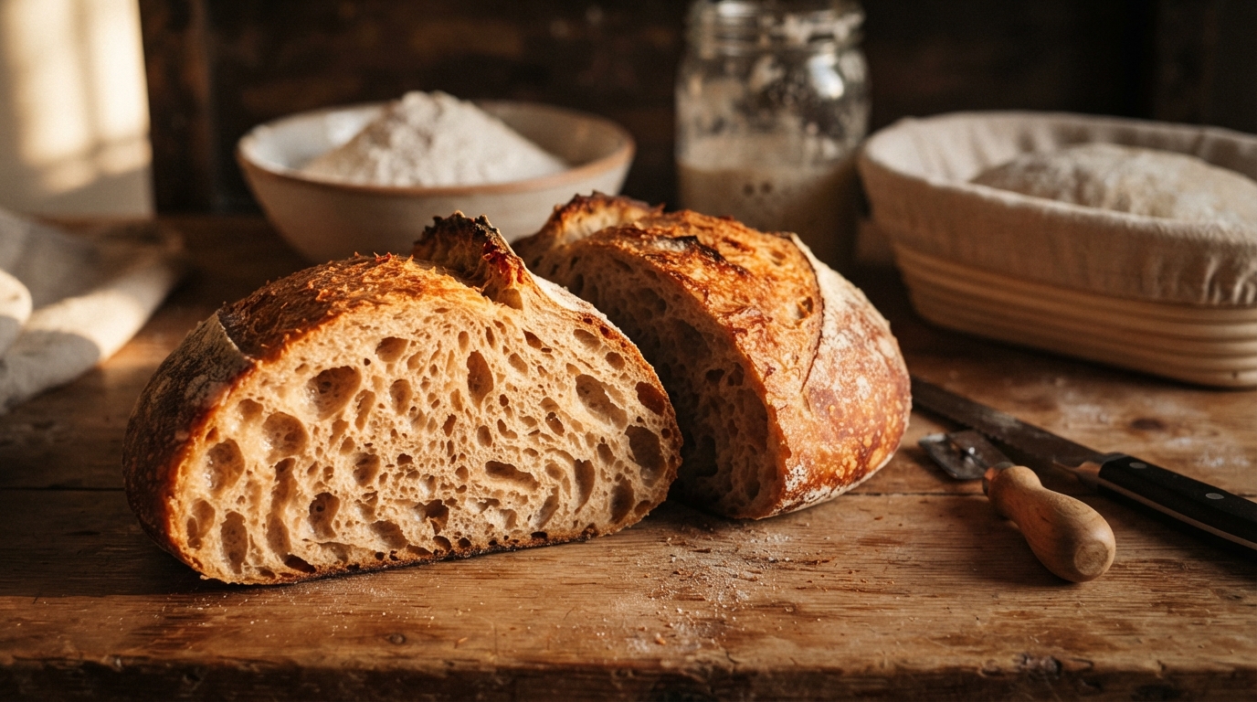 Editorial illustration for How Flour, Water, and Time Build the Gluten Network That Shapes Your Sourdough Crumb